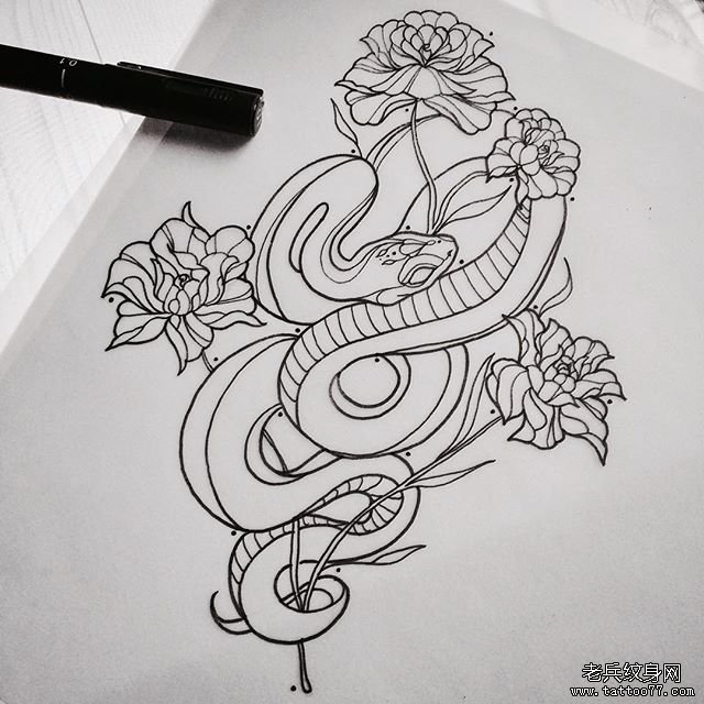 school 蛇 花卉纹身图案手稿