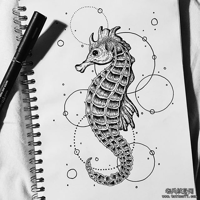 欧美海马点刺线条纹身图案手稿