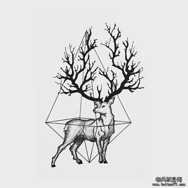 欧美麋鹿几何纹身图案手稿
