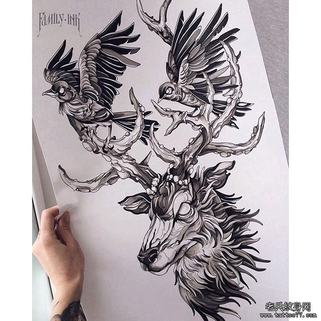 欧美school麋鹿鸟纹身图案手稿