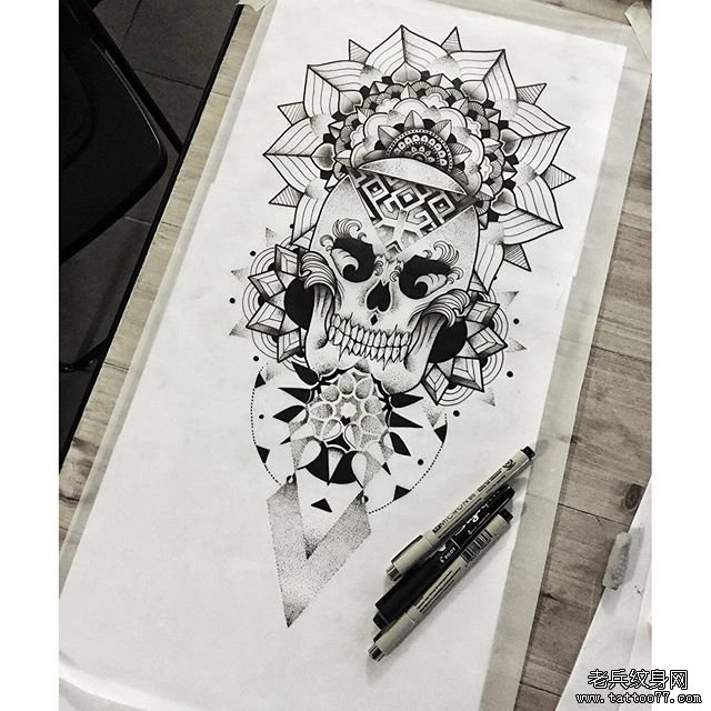 欧美曼陀罗花骷髅纹身图案手稿