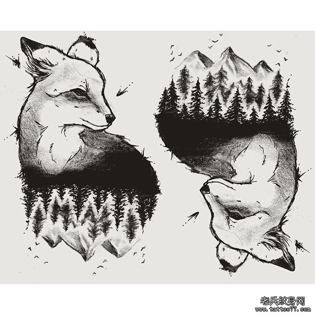 欧美狐狸森林纹身图案手稿