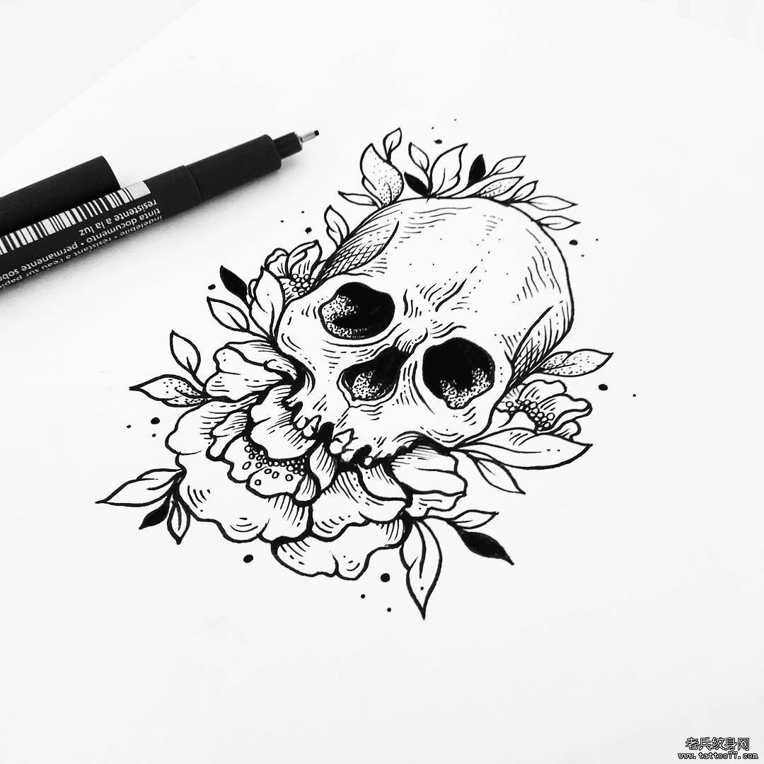 欧美骷髅花卉纹身图案手稿