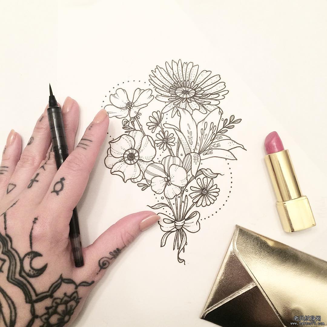欧美小清新菊花纹身图案手稿