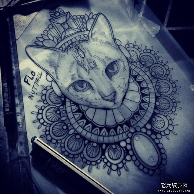 欧美school猫纹身图案手稿