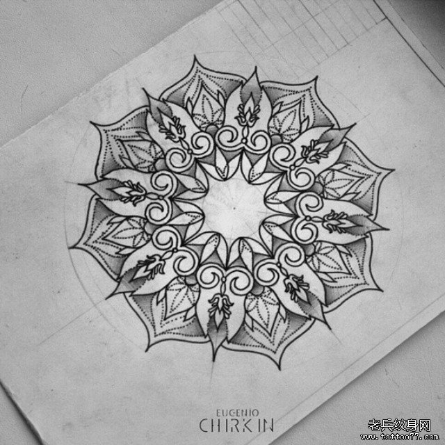 欧美tattoo曼陀罗梵花纹身图案手稿