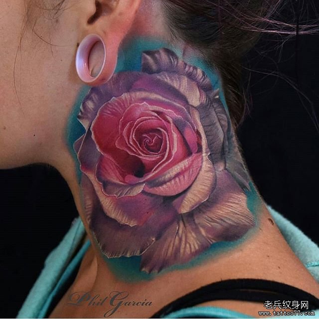 欧美脖子写实玫瑰tattoo纹身图案