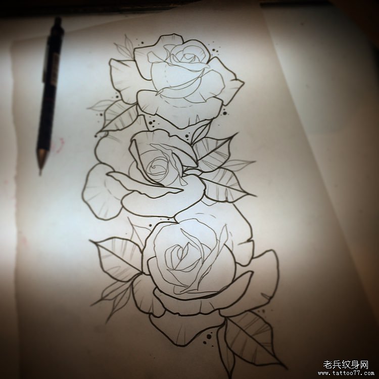 欧美school线条玫瑰纹身图案手稿