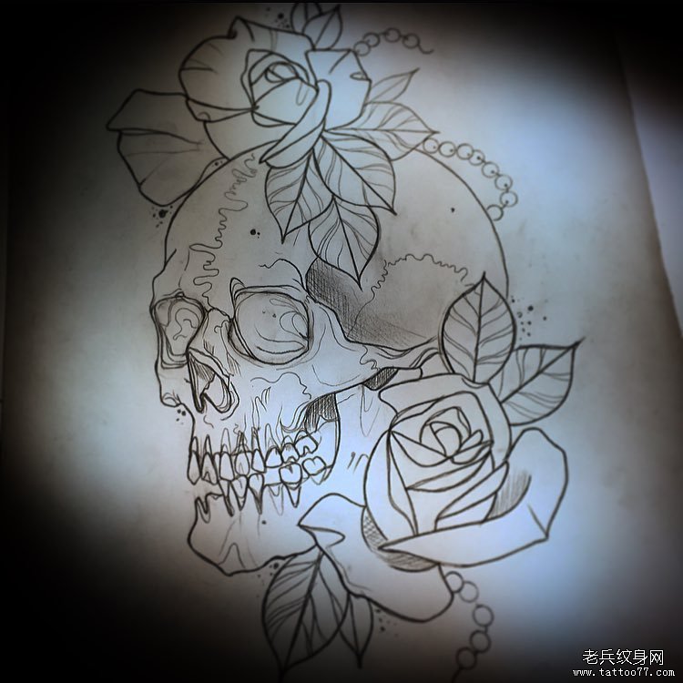 欧美骷髅玫瑰线条纹身图案手稿