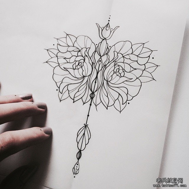 欧美玫瑰线条纹身图案手稿
