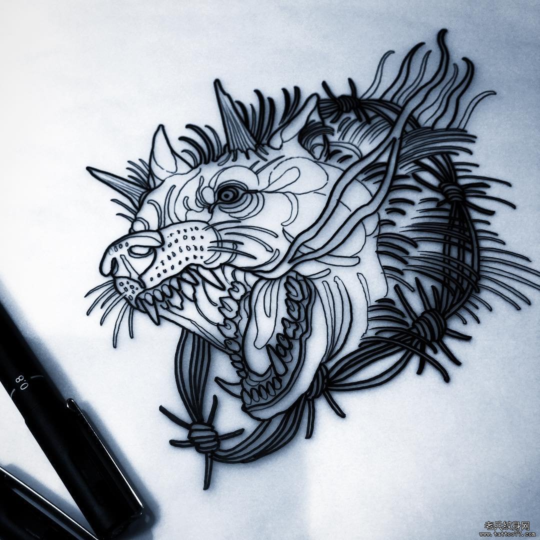 欧美狼头school纹身图案手稿