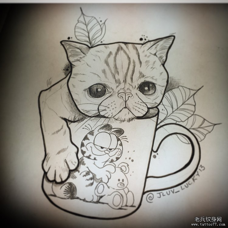 欧美猫咪school杯子纹身图案手稿