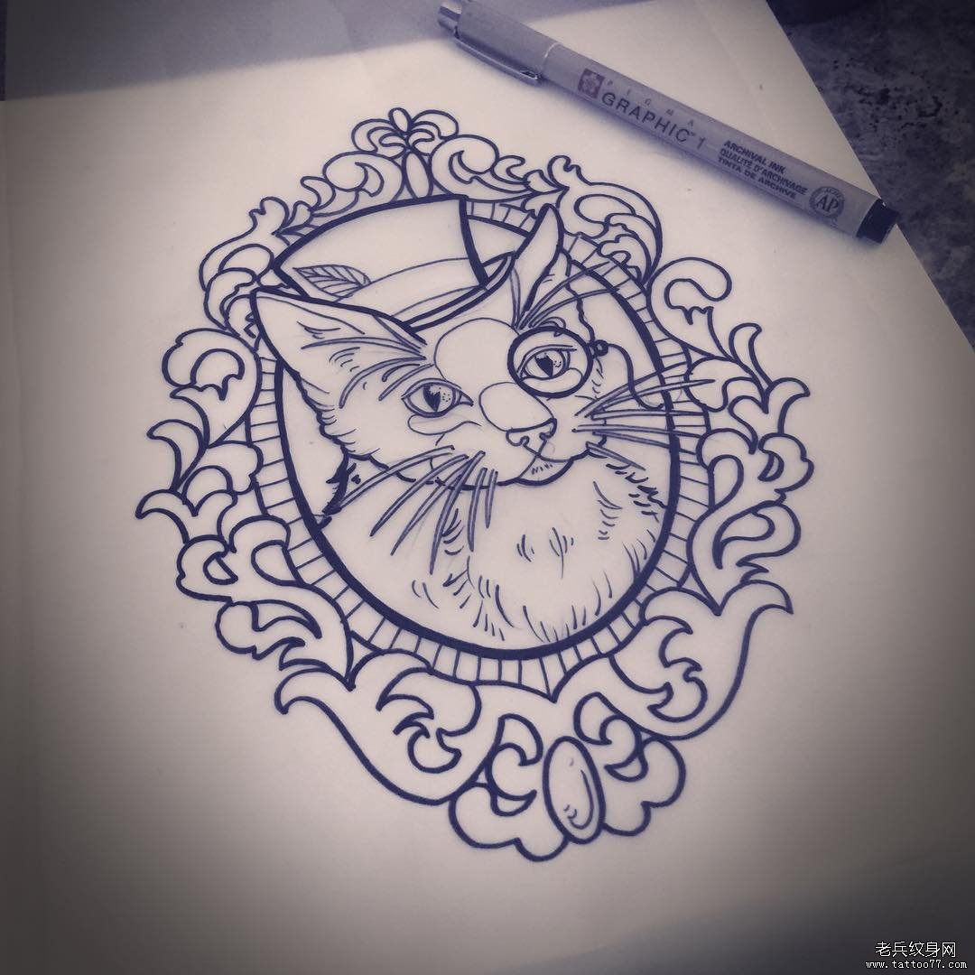 欧美猫咪镜子school纹身图案手稿