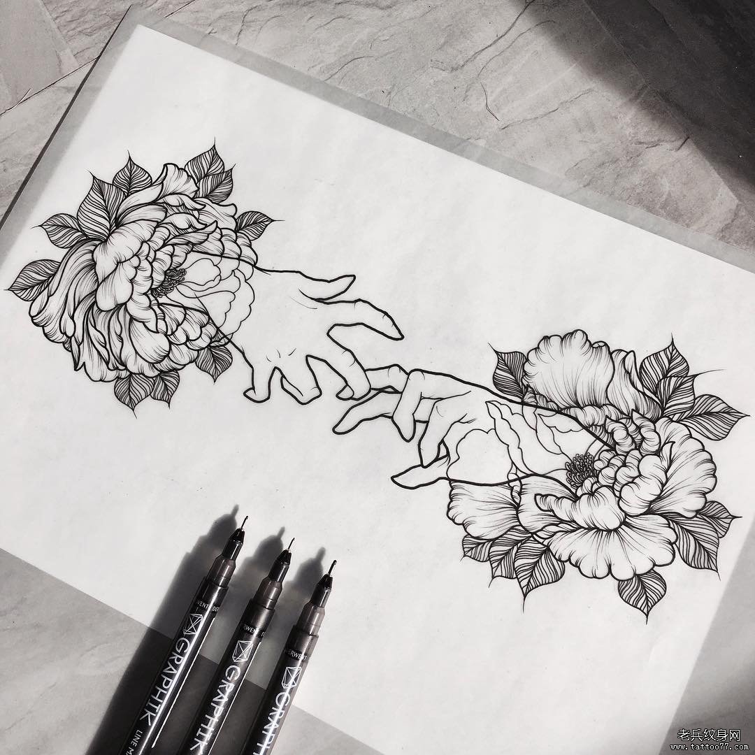 欧美school菊花手纹身图案手稿