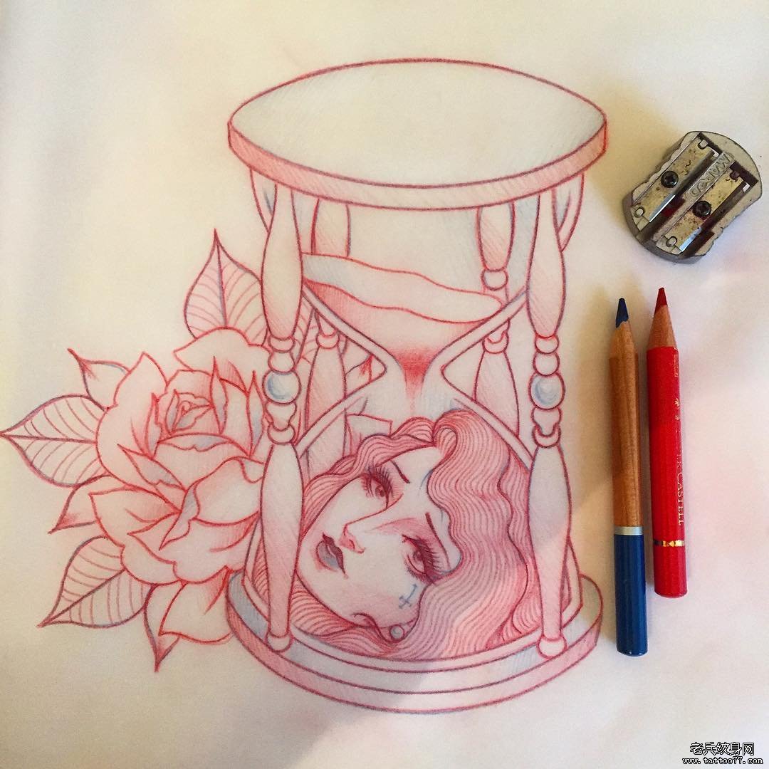 欧美school沙漏女郎纹身图案手稿