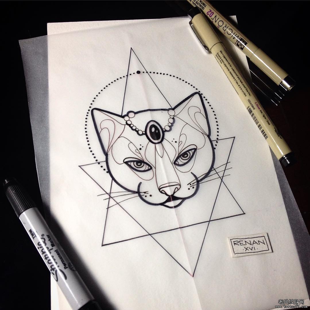 欧美猫几何线条纹身图案手稿