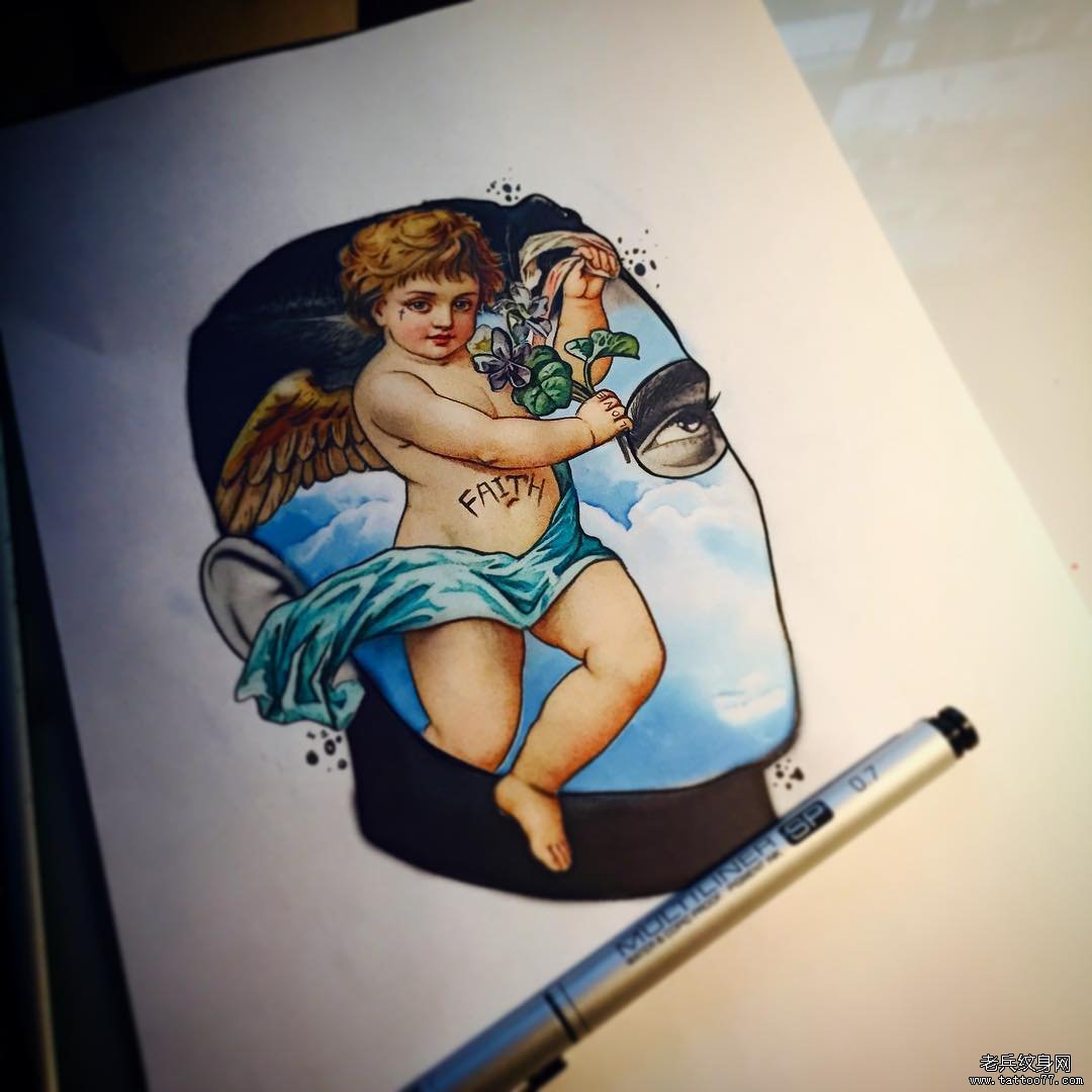 欧美school天使纹身图案手稿