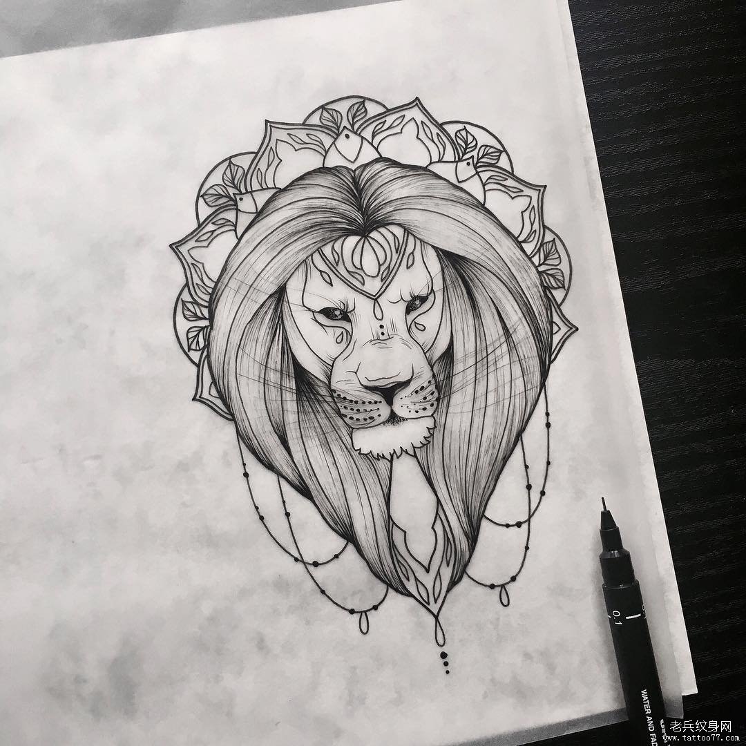 欧美狮子school纹身图案手稿