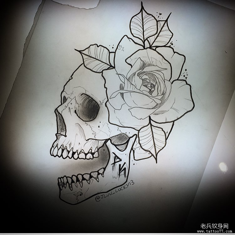 欧美骷髅玫瑰school纹身图案手稿