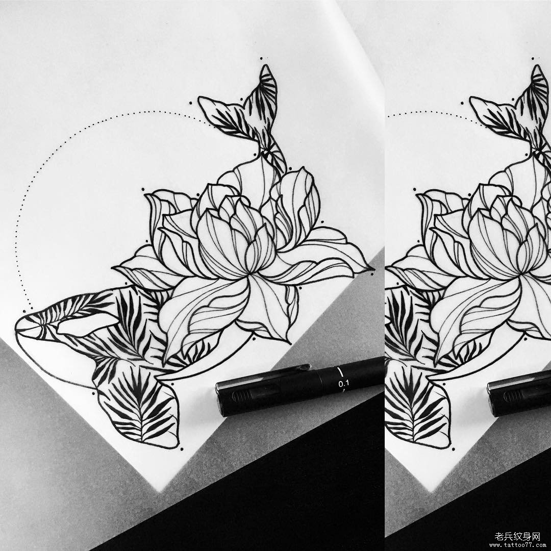 欧美school花卉鲸鱼纹身图案手稿
