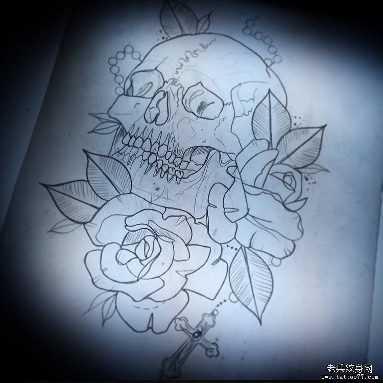 欧美骷髅school玫瑰纹身图案手稿
