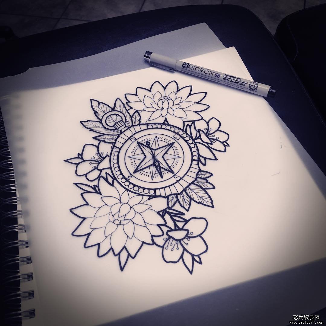 欧美school钟表花卉纹身图案手稿