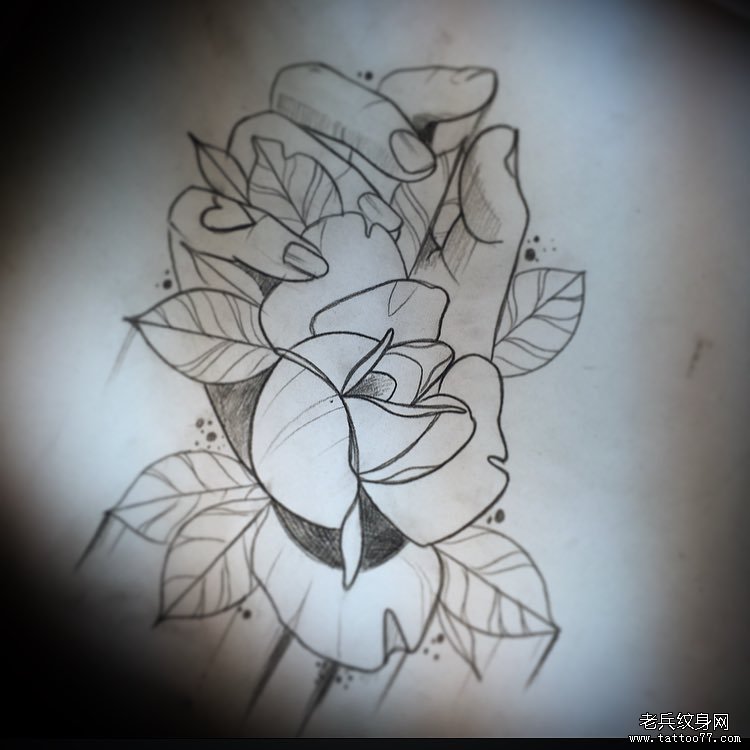 欧美school手玫瑰纹身图案手稿