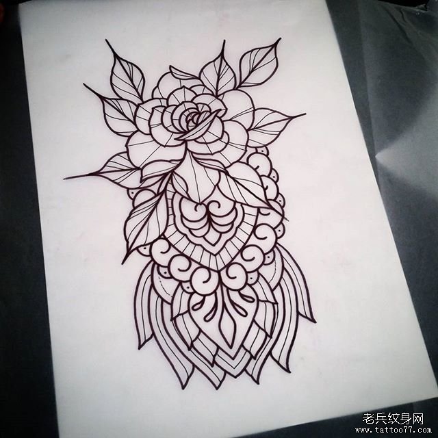 欧美玫瑰梵花纹身图案手稿