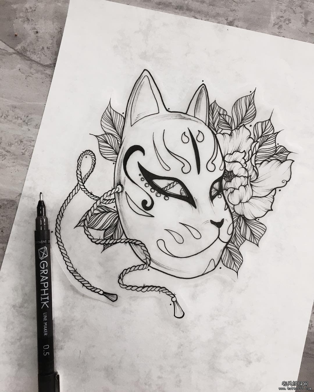 欧美猫面具花卉纹身图案手稿