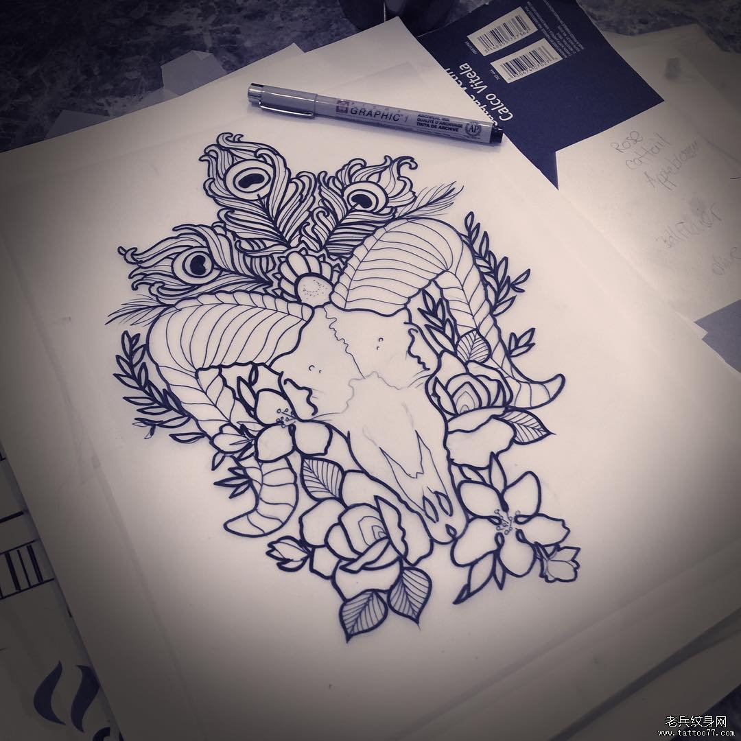 欧美羊角花卉纹身图案手稿
