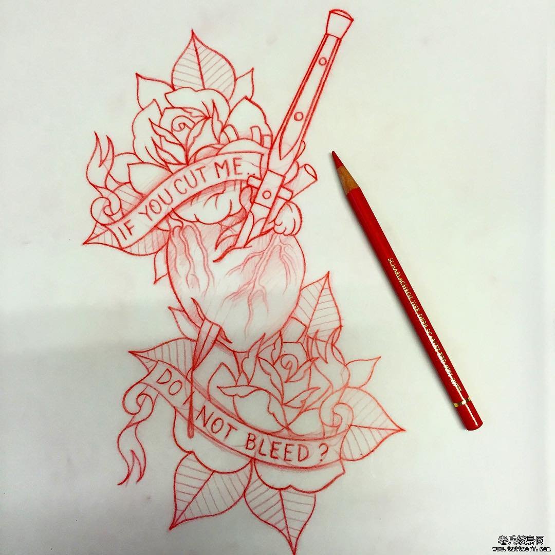 欧美school玫瑰心脏纹身图案手稿