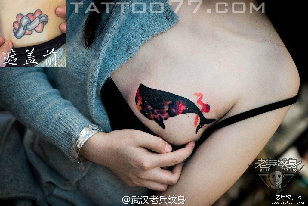胸部鲸鱼纹身图案作品遮盖旧纹身