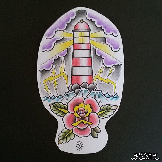欧美school玫瑰灯塔纹身图案手稿