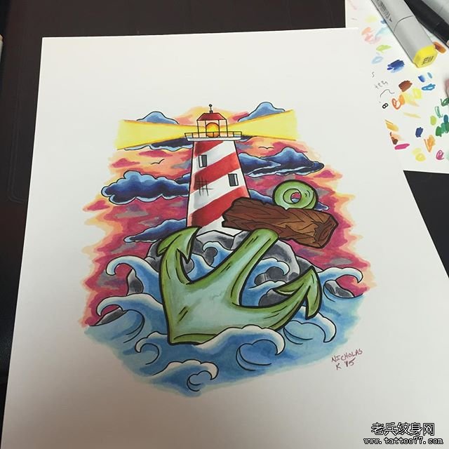 欧美彩色灯塔船锚纹身图案手稿