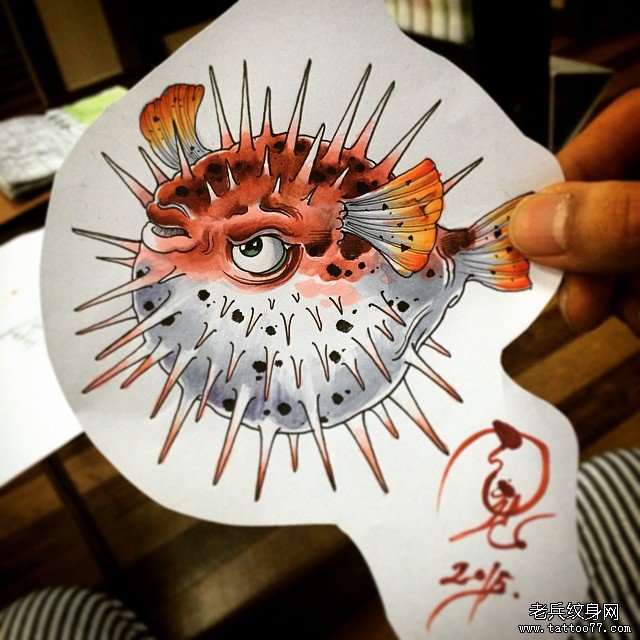 日式河豚纹身图案手稿