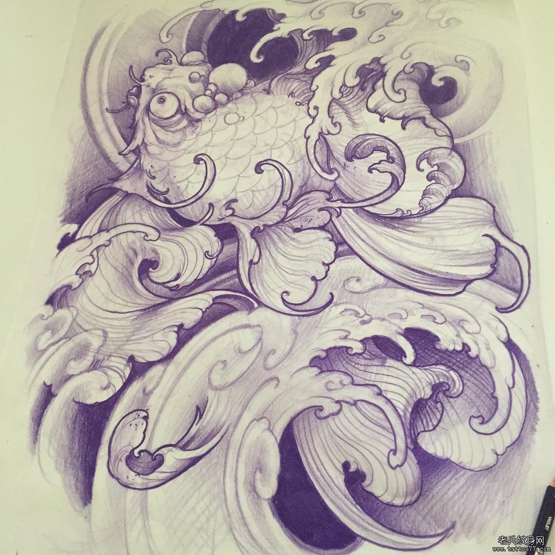 传统海浪金鱼纹身图案手稿