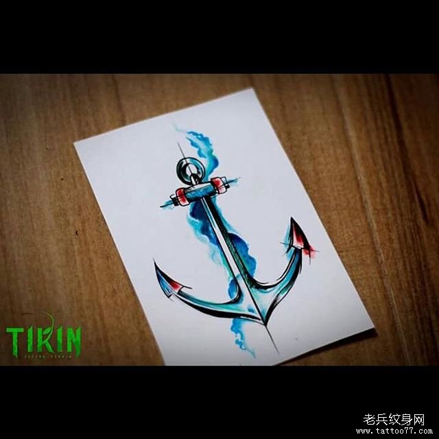 欧美泼墨船锚纹身图案手稿