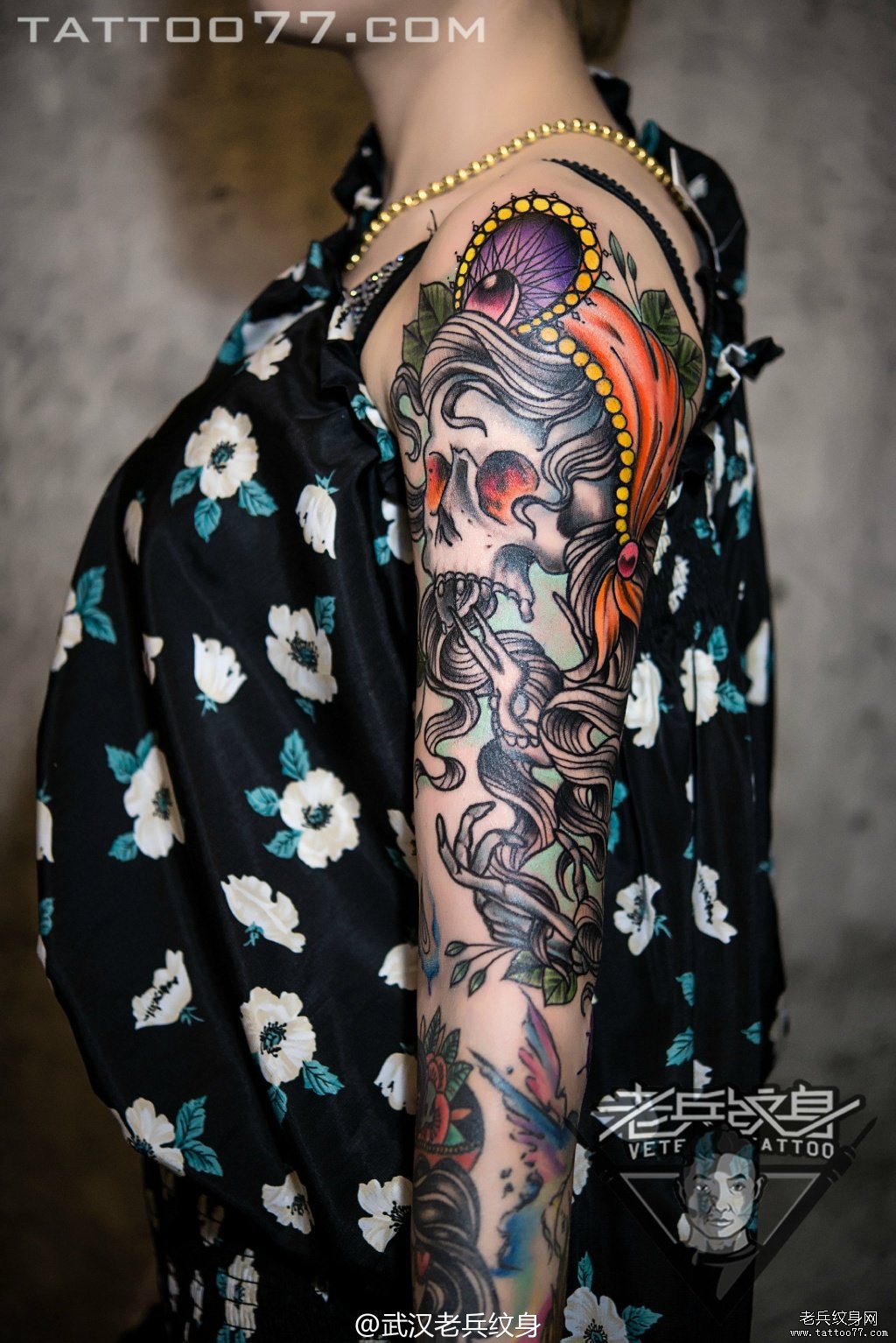 美女超酷的欧美花臂骷髅纹身图案作品