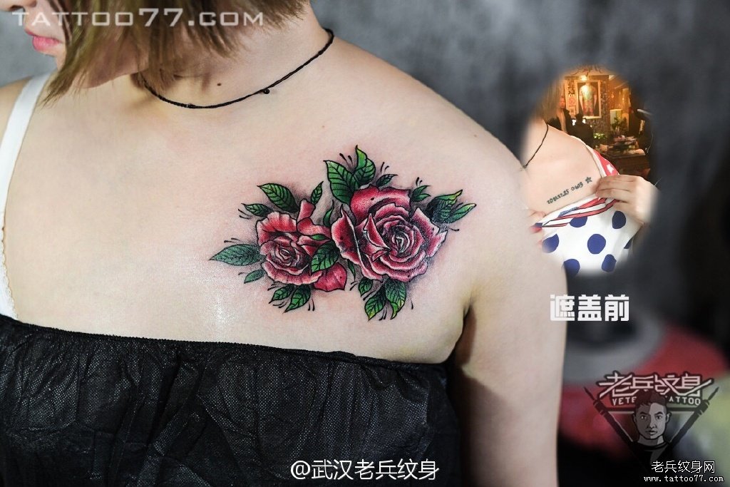 胸口玫瑰花纹身图案作品遮盖旧纹身