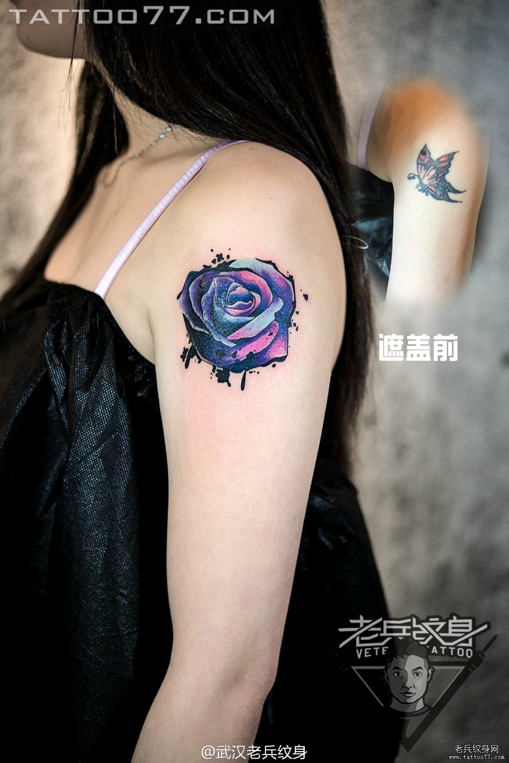 大臂泼墨玫瑰花纹身图案作品遮盖旧纹身