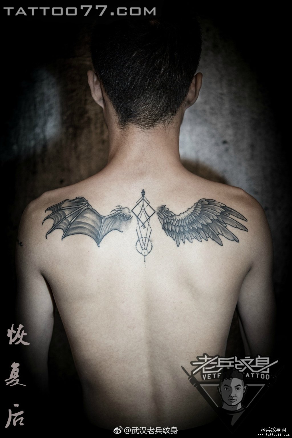 后背天使恶魔翅膀纹身图案作品恢复后