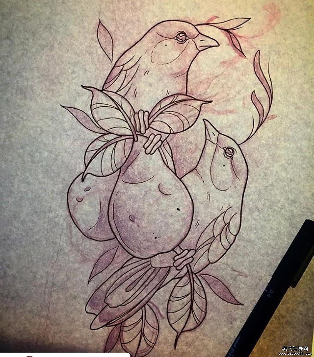 欧美喜鹊花卉纹身图案手稿