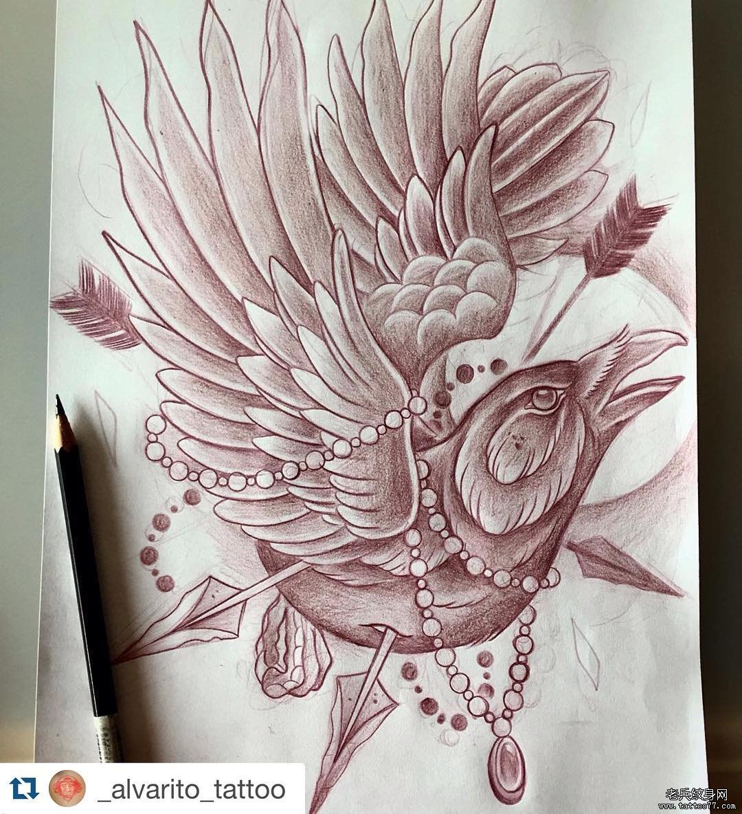  欧美乌鸦纹身图案手稿