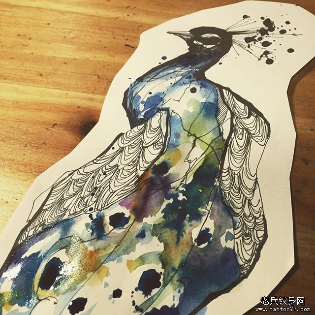 欧美泼墨孔雀纹身图案手稿