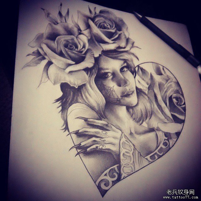 欧美school黑灰玫瑰女郎纹身图案手稿