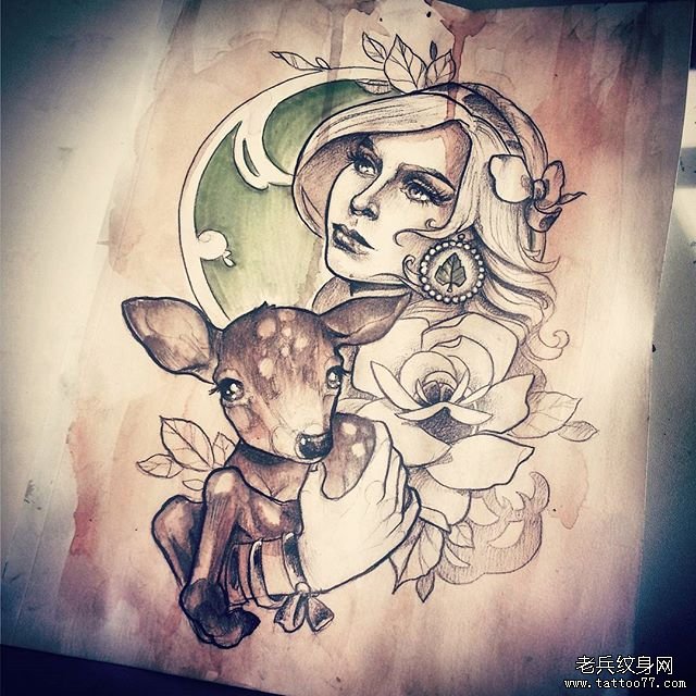 欧美小鹿玫瑰女郎纹身图案手稿