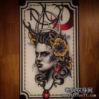 欧美school塔罗牌女郎纹身图案手稿