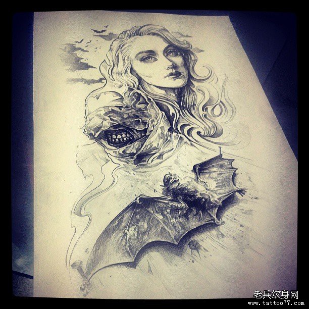 欧美school女郎蝙蝠纹身图案手稿