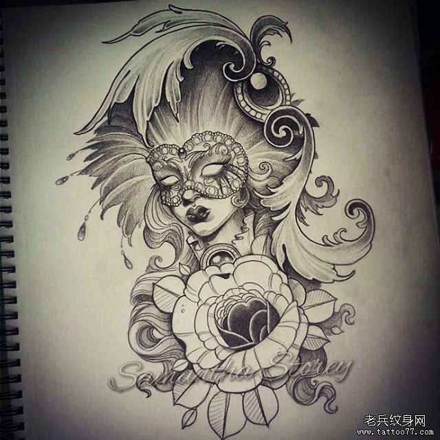 欧美school女郎花卉纹身图案手稿