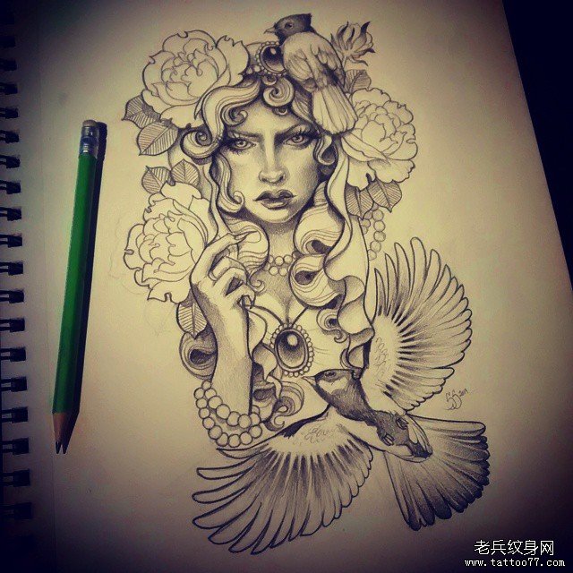欧美school女郎鸟纹身图案手稿